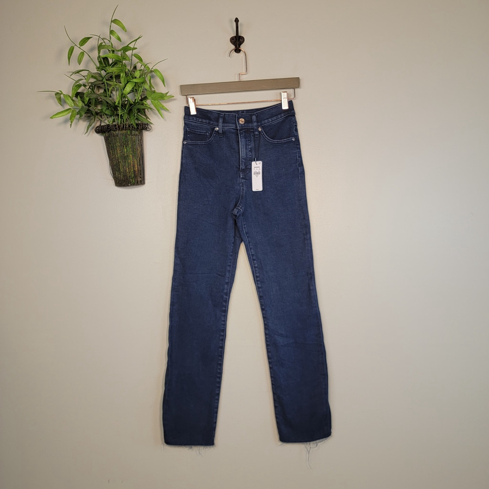 NEW Express 90s Slim High Rise Frayed Dark Indigo Wash Straight Leg 0 Jeans